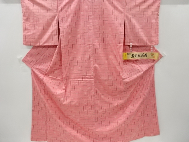 リサイクル　米沢紬紅花染格子に絣模様織り出し着物